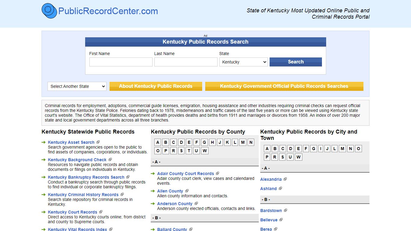 Kentucky Free Public Records, Criminal Records And Background Checks